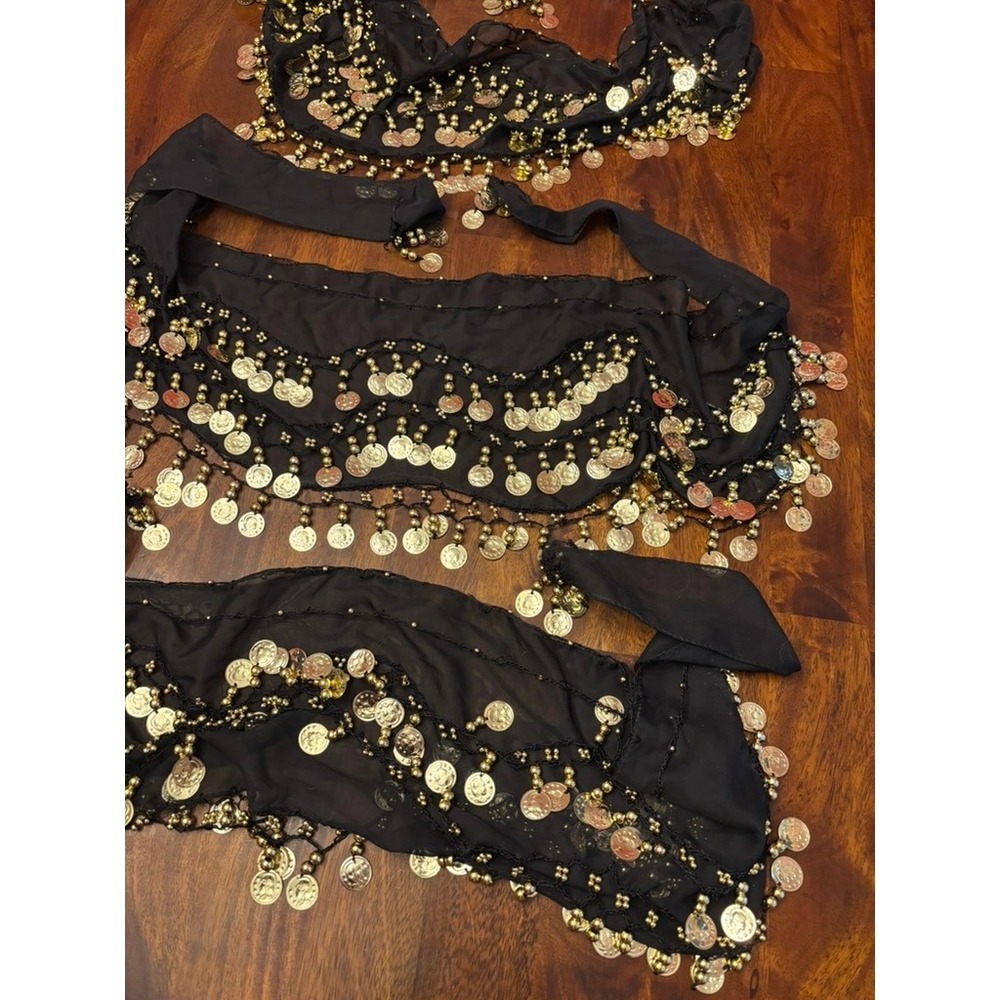 Belly Dance Coin Hip Scarf Set of 3 Black Gold Beaded Performance‎ Costume - Picture 3 of 3
